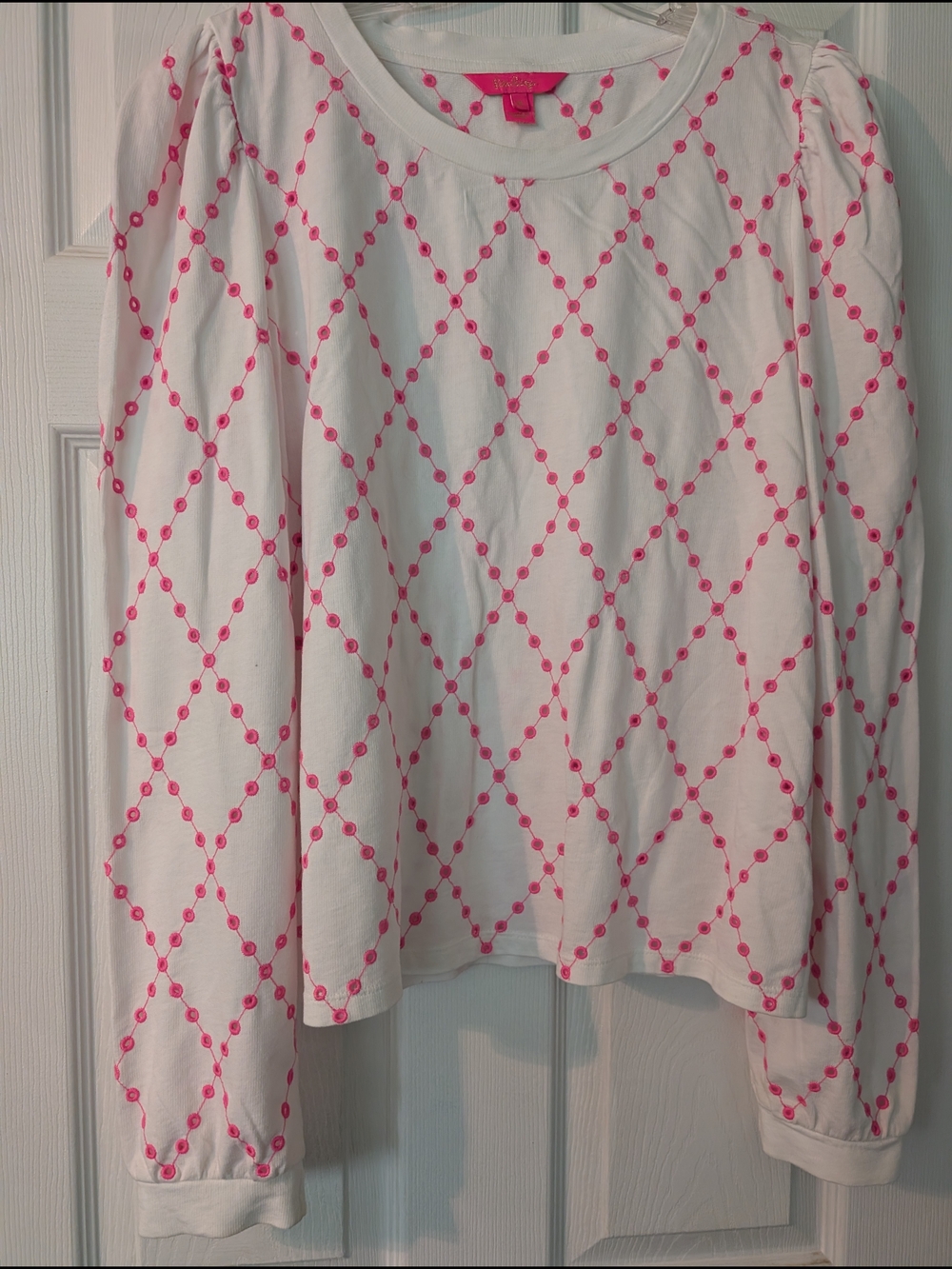 Lilly Pulitzer White Top with Hot Pink Embroidered Diamond Motif